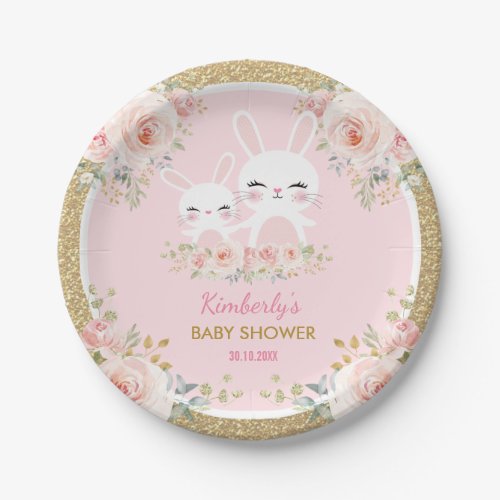 Cute Blush Pink Gold Bunny Rabbit Baby Shower Paper Plates