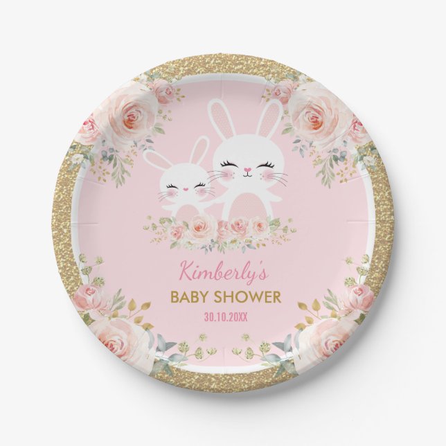 Cute Blush Pink Gold Bunny Rabbit Baby Shower Paper Plates (Front)