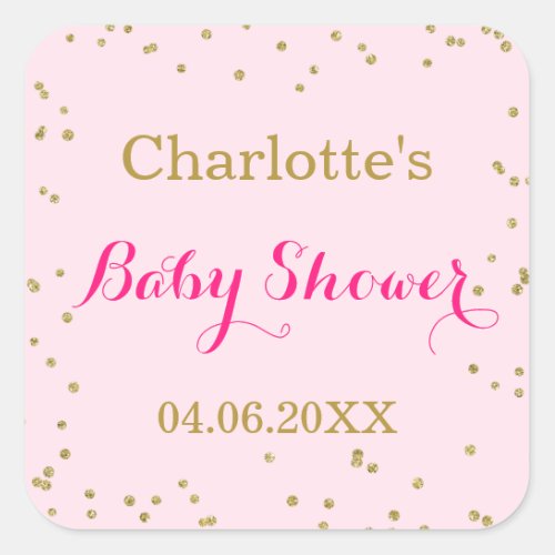 Cute Blush Pink Gold Glitter Confetti Baby Shower Square Sticker