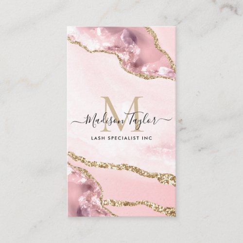 Cute Blush Pink Gold Glitter Marble Agate Monogram Business Card
