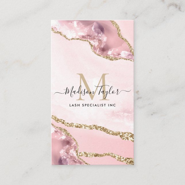 Cute Blush Pink Gold Glitter Marble Agate Monogram Business Card (Front)