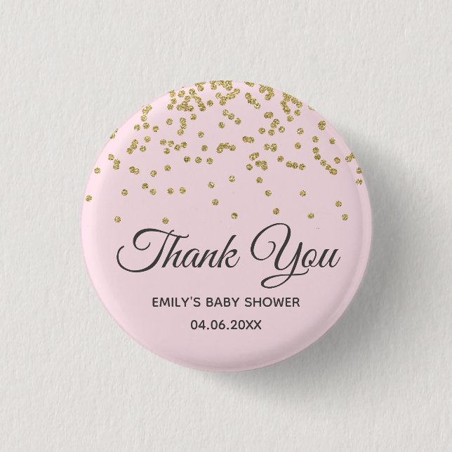 Cute Blush Pink Gold Glitter Thank You Baby Shower Button (Front)