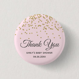 Cute Blush Pink Gold Glitter Thank You Baby Shower Button