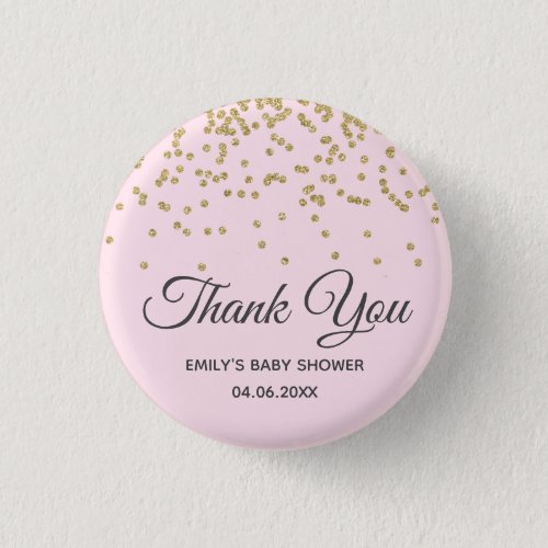 Cute Blush Pink Gold Glitter Thank You Baby Shower Button