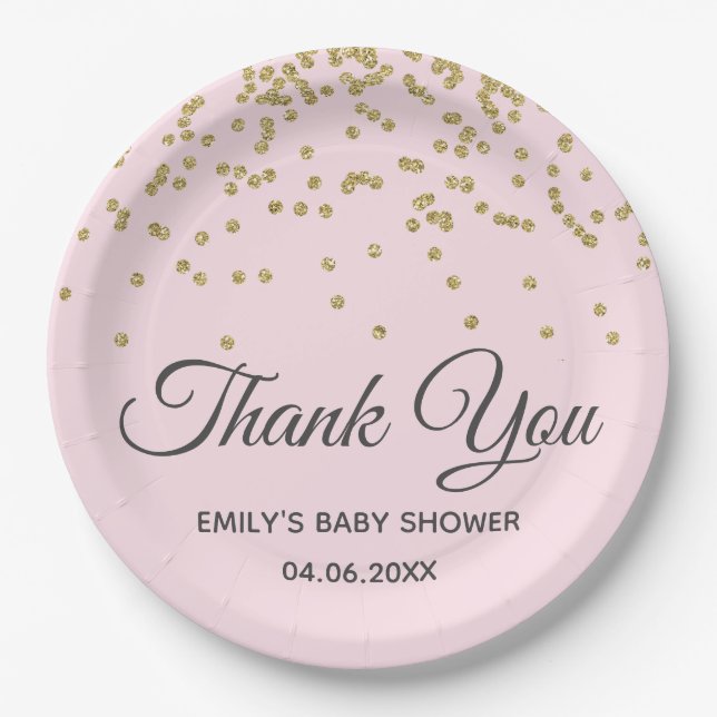 Cute Blush Pink Gold Glitter Thank You Baby Shower Paper Plates (Front)