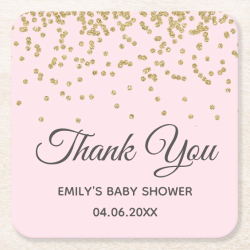 Cute Blush Pink Gold Glitter Thank You Baby Shower Square Paper Coaster