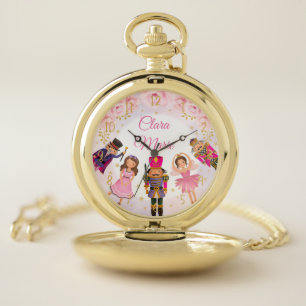 Cute Blush Pink Gold Nutcracker Ballerina Girl Pocket Watch