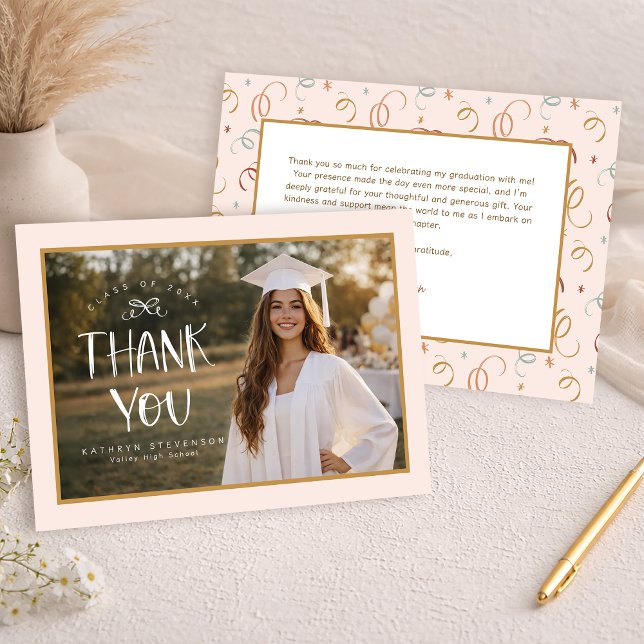 Cute Blush Pink Gold Photo Graduation Thank You Card (Double-sided flat card)