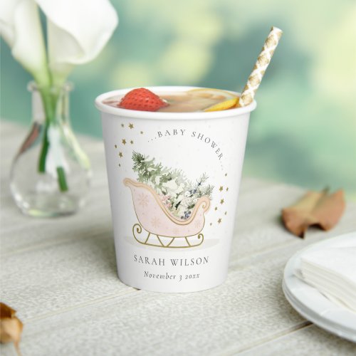 Cute Blush Pink Gold Winter Sleigh Baby Shower Paper Cups