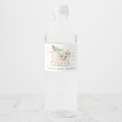 Cute Blush Pink Gold Winter Sleigh Baby Shower Water Bottle Label