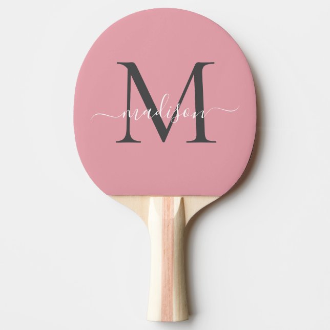 Cute Blush Pink Gray Monogram Elegant Script Name Ping Pong Paddle (Front)