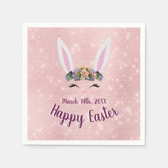 Cute Blush Pink Happy Easter Bunny Paper Napkins (Front)