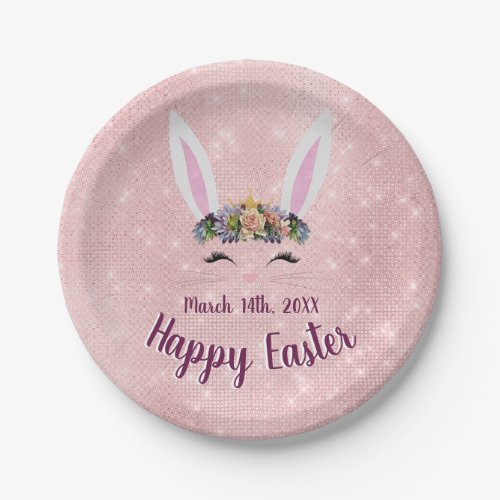 Cute Blush Pink Happy Easter Bunny Paper Plates