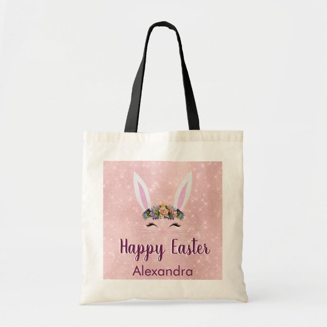 Cute Blush Pink Happy Easter Bunny Tote Bag (Front)