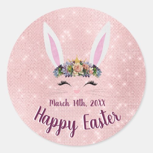Cute Blush Pink Happy Easter Rabbit Classic Round Sticker