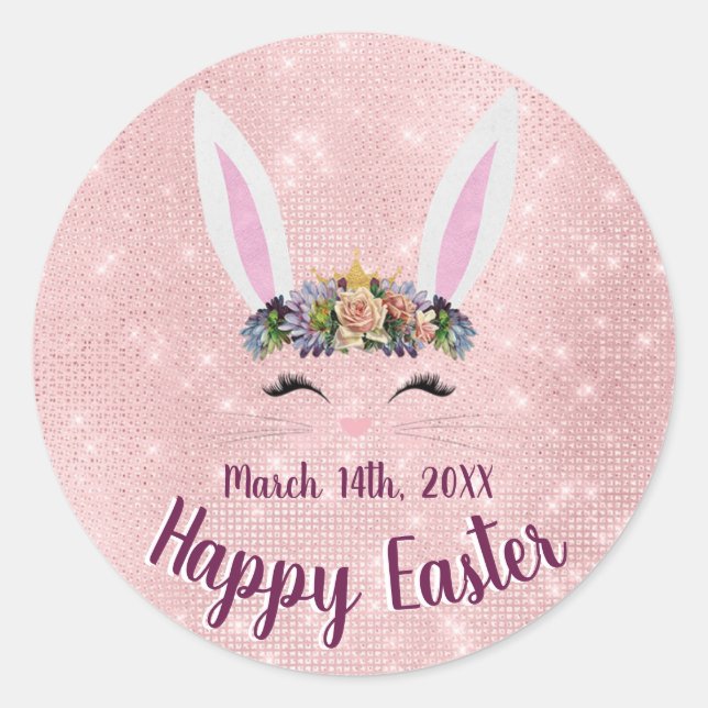 Cute Blush Pink Happy Easter Rabbit Classic Round Sticker (Front)