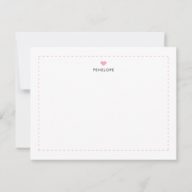 Cute Blush Pink Heart Name Border Note Card (Front)