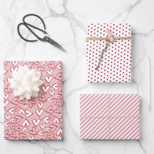 Cute Blush Pink Hearts Stripes Polka Dots Pattern Wrapping Paper Sheets