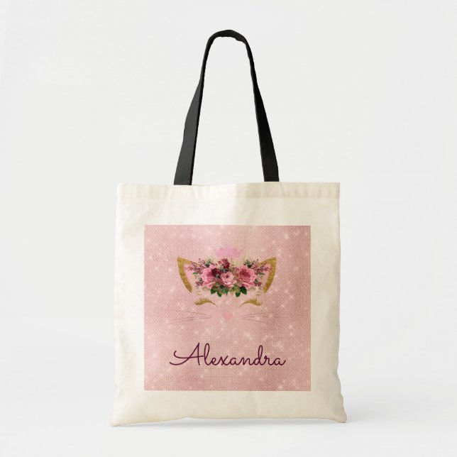 Cute Blush Pink Kitty Monogram Name Tote Bag (Front)
