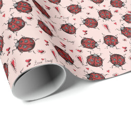 Cute Blush Pink Ladybug Love Bug & Red Heart Kids Wrapping Paper