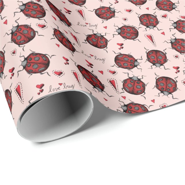 Cute Blush Pink Ladybug Love Bug & Red Heart Kids Wrapping Paper (Roll Corner)