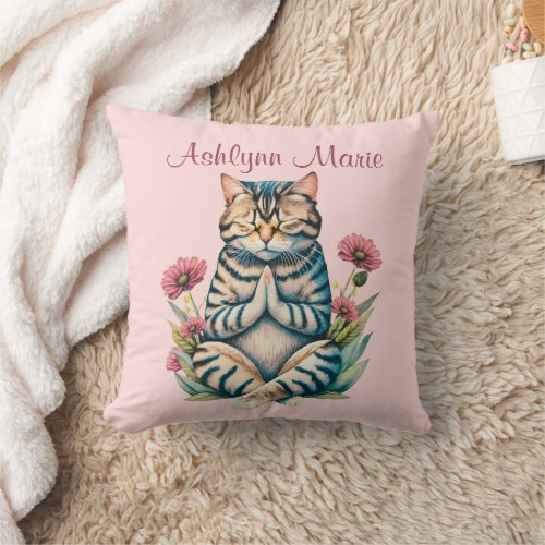 Cute Blush Pink Praying Cat Watercolor Floral Name Throw Pillow