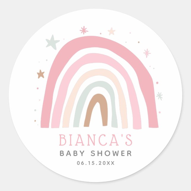 Cute Blush Pink Rainbow Baby Shower Classic Round Sticker (Front)