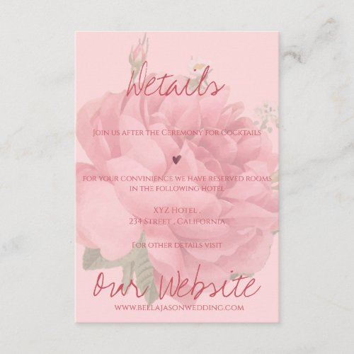 Cute Blush Pink Rose Floral Our Wedding Details Enclosure Card