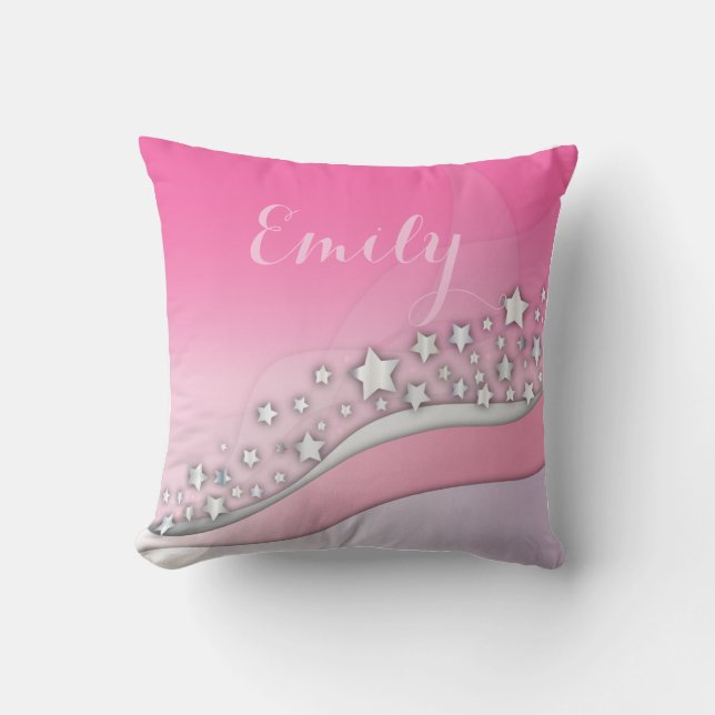 Cute Blush Pink & Silver Stars Dreamy Girl Name Throw Pillow (Front)
