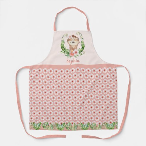 Cute blush pink sloth floral personalized apron