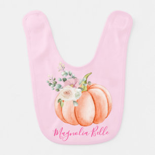 Cute Blush Pink Spring Floral Little Pumpkin Name Baby Bib