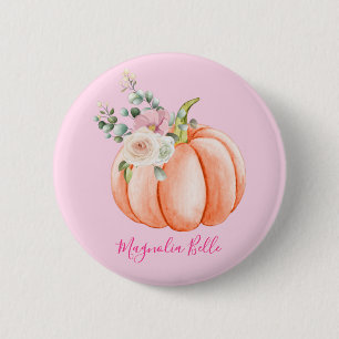 Cute Blush Pink Spring Floral Little Pumpkin Name Button