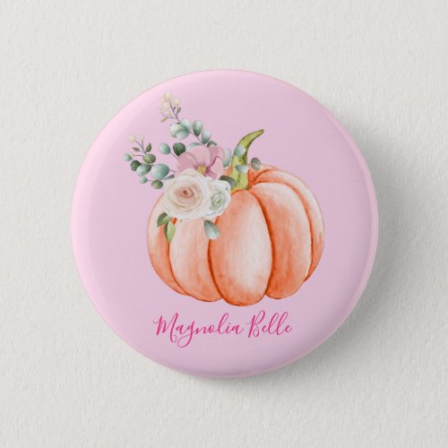 Cute Blush Pink Spring Floral Little Pumpkin Name Button