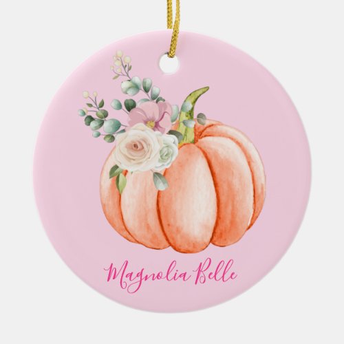 Cute Blush Pink Spring Floral Little Pumpkin Name Ceramic Ornament