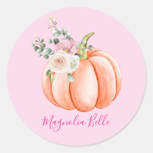 Cute Blush Pink Spring Floral Little Pumpkin Name Classic Round Sticker