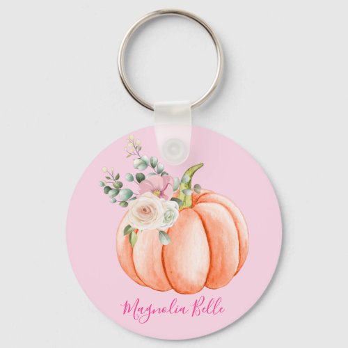 Cute Blush Pink Spring Floral Little Pumpkin Name Keychain
