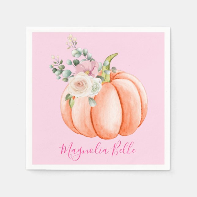 Cute Blush Pink Spring Floral Little Pumpkin Name Napkins (Front)