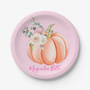 Cute Blush Pink Spring Floral Little Pumpkin Name Paper Plates