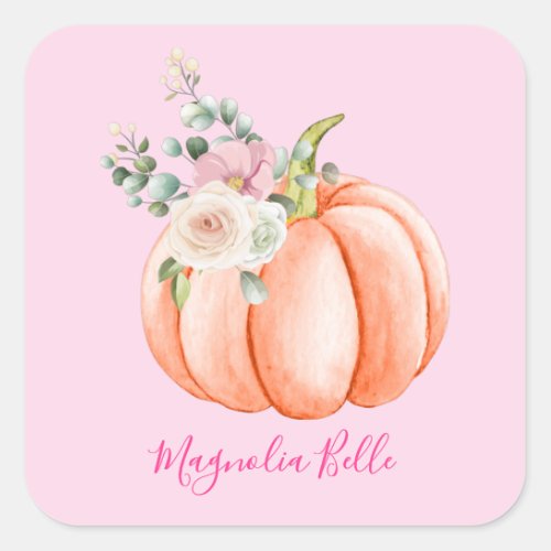 Cute Blush Pink Spring Floral Little Pumpkin Name Square Sticker