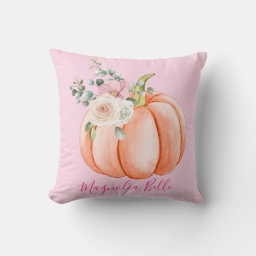 Cute Blush Pink Spring Floral Little Pumpkin Name Throw Pillow