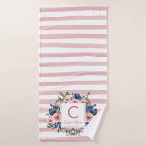 Cute Blush Pink Stripes Navy Blue Floral Monogram Bath Towel Set