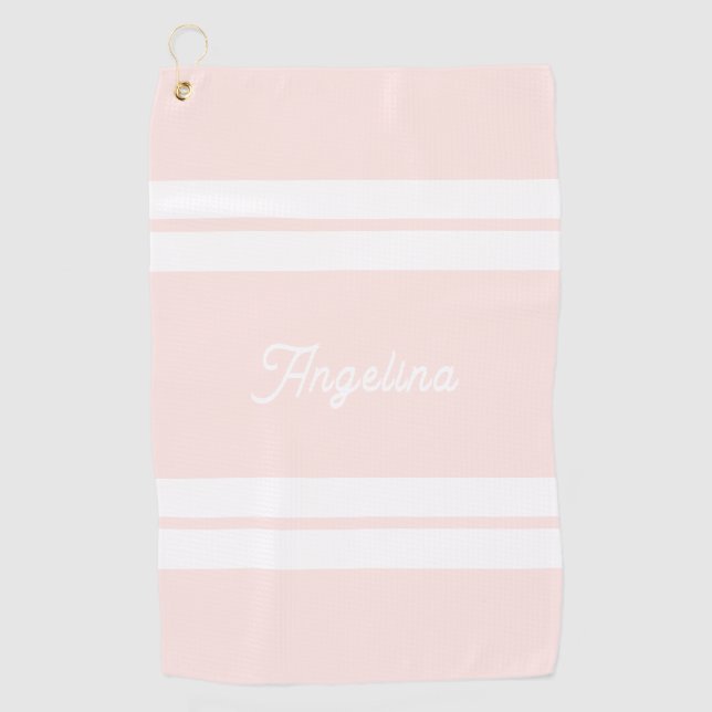 Cute Blush Pink Stripes Pattern Personalized Golf Towel (Front)