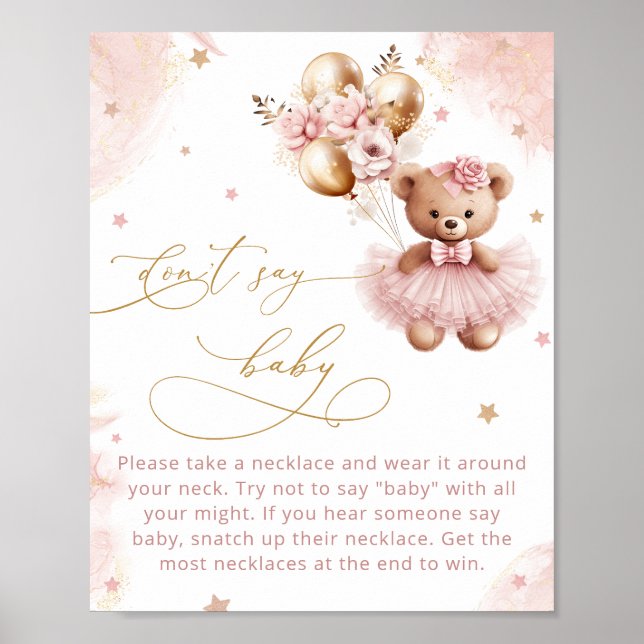 Cute Blush Pink Teddy Bear Don't Say Baby Game  Po Poster (Front)