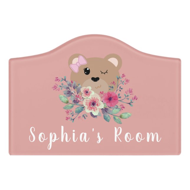 Cute Blush Pink Teddy Bear & Name Kids Door Sign (Small Crest Front)
