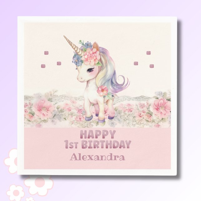 Cute Blush Pink Unicorn Girl 1st Birthday  Napkins (Creator Uploaded)