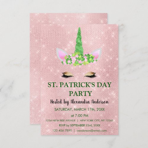 Cute Blush Pink Unicorn St Patricks Day Party Invitation