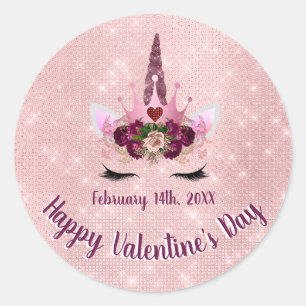 Cute Blush Pink Unicorn Valentine's Day Party Classic Round Sticker