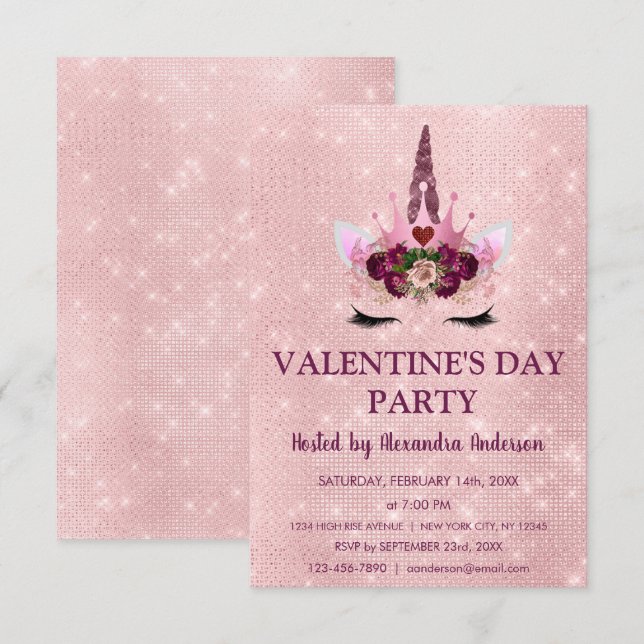 Cute Blush Pink Unicorn Valentine's Day Party Invitation (Front/Back)