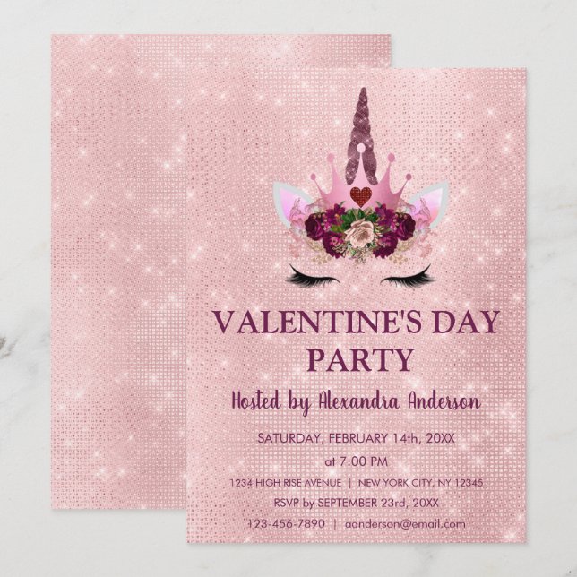 Cute Blush Pink Unicorn Valentine's Day Party Invitation (Front/Back)