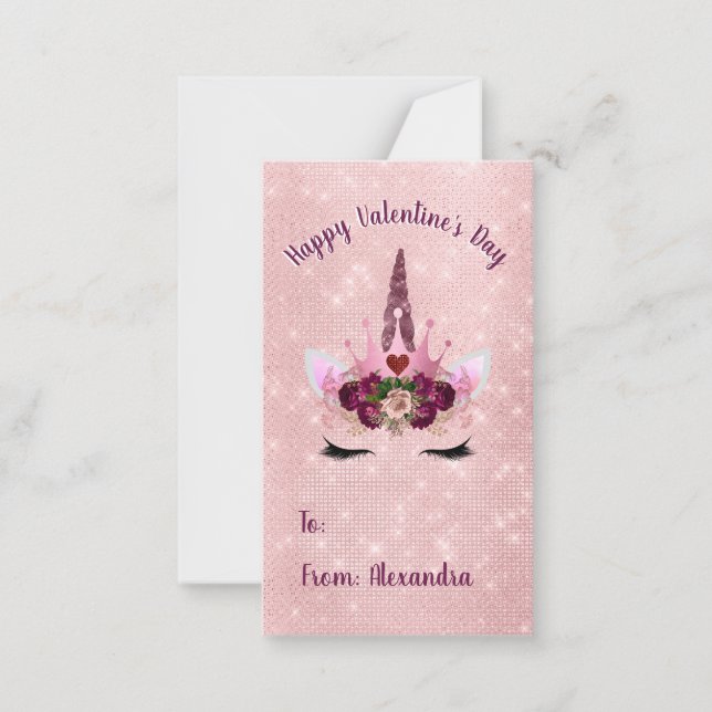 Cute Blush Pink Unicorn Valentine's Day Party Note Card (Front)